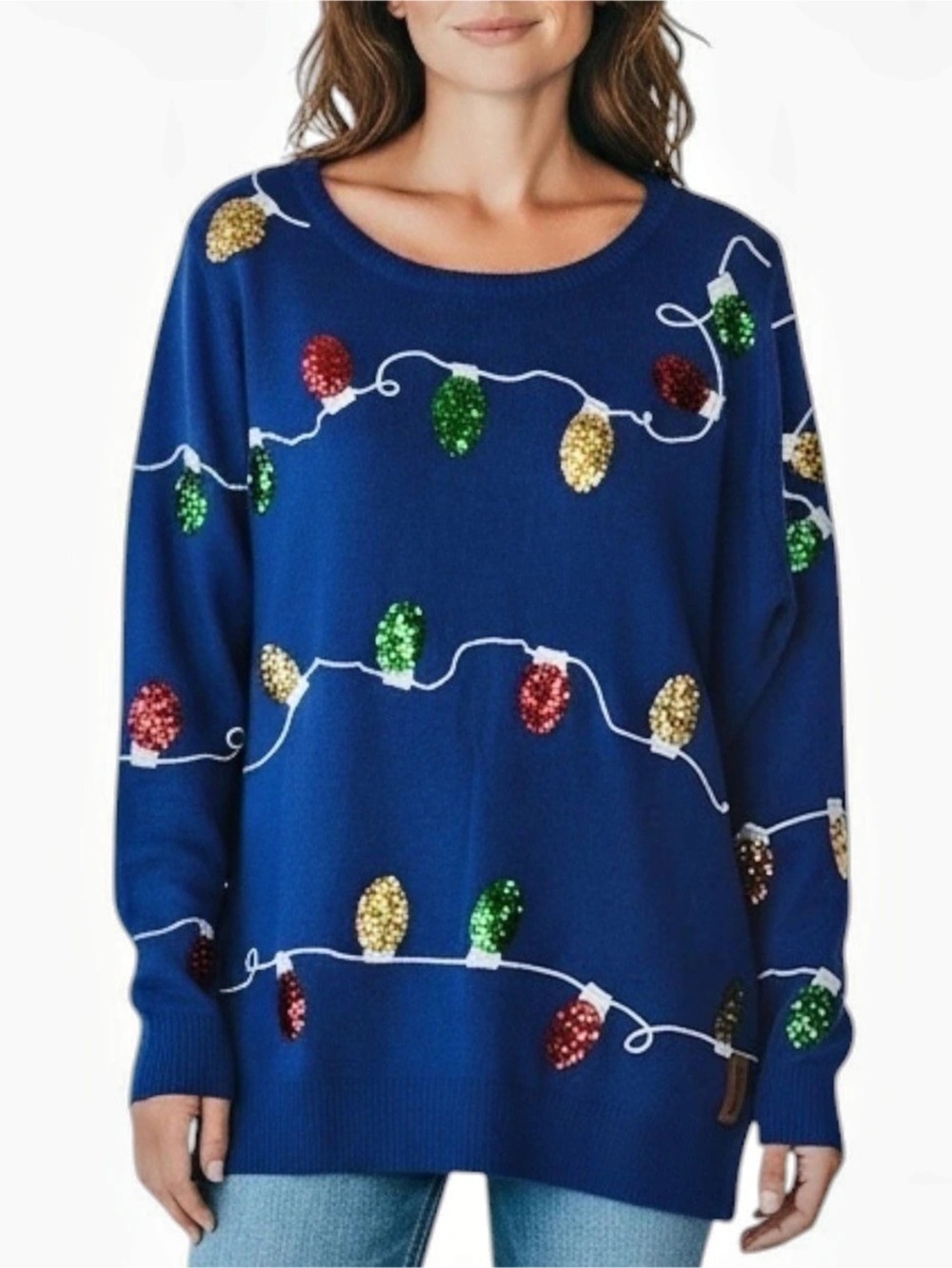 TIPSY ELVES Blue Sequin Holiday Lights Ugly Christmas Sweater Size Large NWT